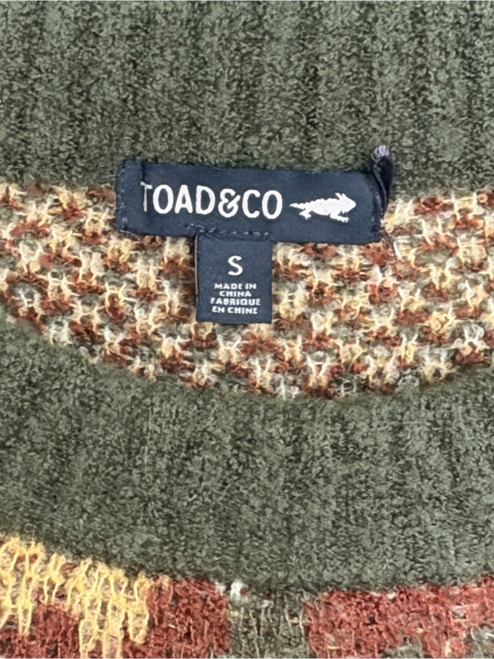 Toad&Co Olive Geometric Knit Crewneck Sweater with Rust, Mustard & Cream Accents - Picture 2 of 2